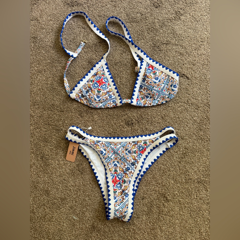 Blue & White Mosaic Print Triangle Bikini Set